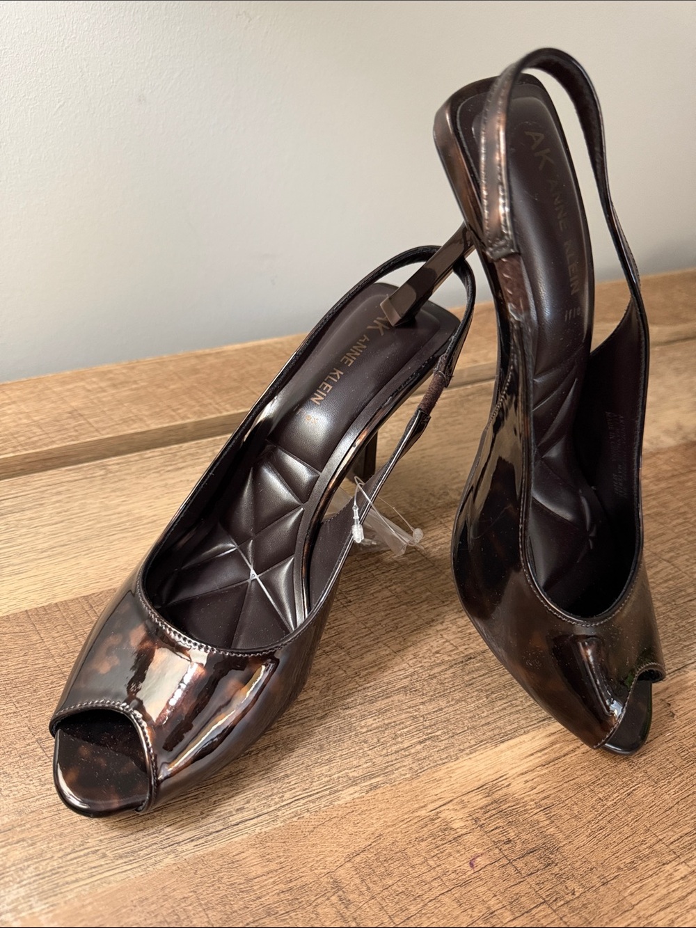 Anne Klein Dark Brown Tortoise Patent Peep-Toe Slingbacks, NWTs, size 9
